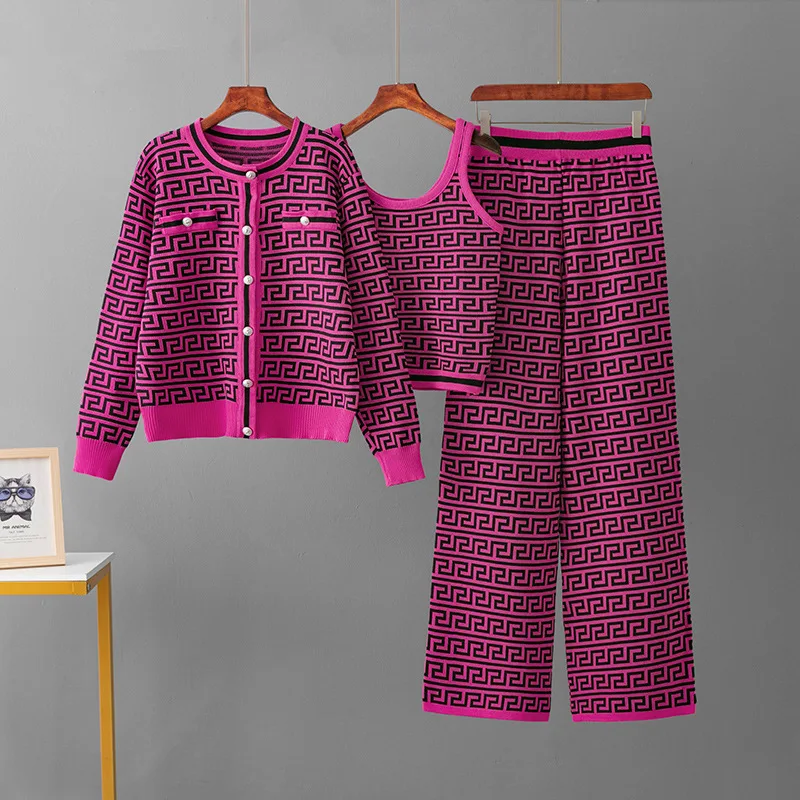 

Fashionable Women's Three-Piece Set-Knit Cardigan,Vest and Wide Leg Pants for Fall and Winter