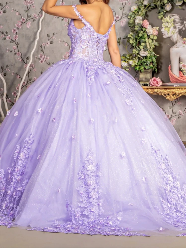 

Charming Lilac Women Birthday Party Dresses V Neck Lace Applique Ball Gown Dancing Queen Sweet 15 16 Quinceanera Prom Wear 프롬드레스