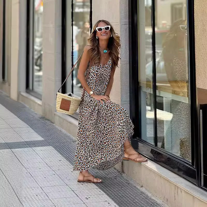 Sexy Leopard Print Dress For Women Elegant Halter Neck Lace Up Big Hem Long A Line Dresses 2024 Summer Fashion New Lady Robe