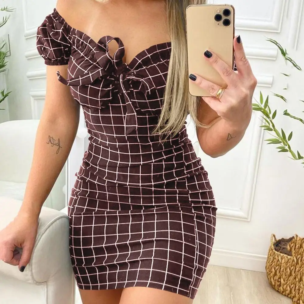 

Sweet Bowknot Women Mini Dress sexy Lace-up Plaid Print Off Shoulder Bodycon Dress Female Fresh style club party Short Dress