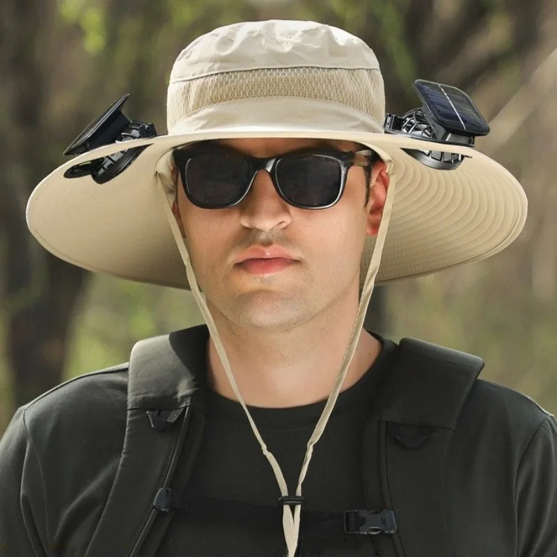 

Outdoor Wide Brim Sun Hat with 2 Solar Fan Sun Bucket Hat for Men Women UPF 50+ Bucket Fishing & Beach Hat with Fan Built in