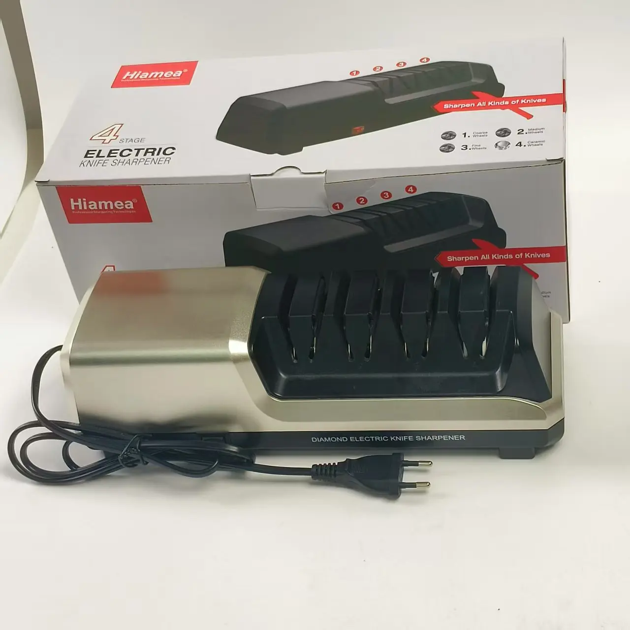 

NEW 4‑Stage Electric Knife Sharpener Diamond Wheel Coarse Medium Fine Ceramic Sharpening Tool for Kitchen Chef & Hunting Knives