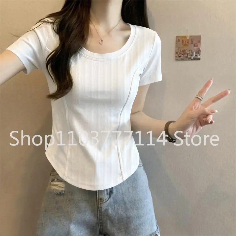 Damen Sommer Kurzarm-Oberteil für Mode Vielseitiges Basis-Shirt Slim Fit Einfarbig Rundhals T-Shirt Lässige und Sexy Kleidung – Detail 1