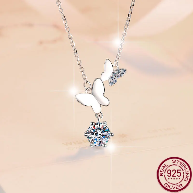 

New S925 pure silver necklace for women with fashionable butterfly pendant, 1 carat moissanite wedding jewelry.