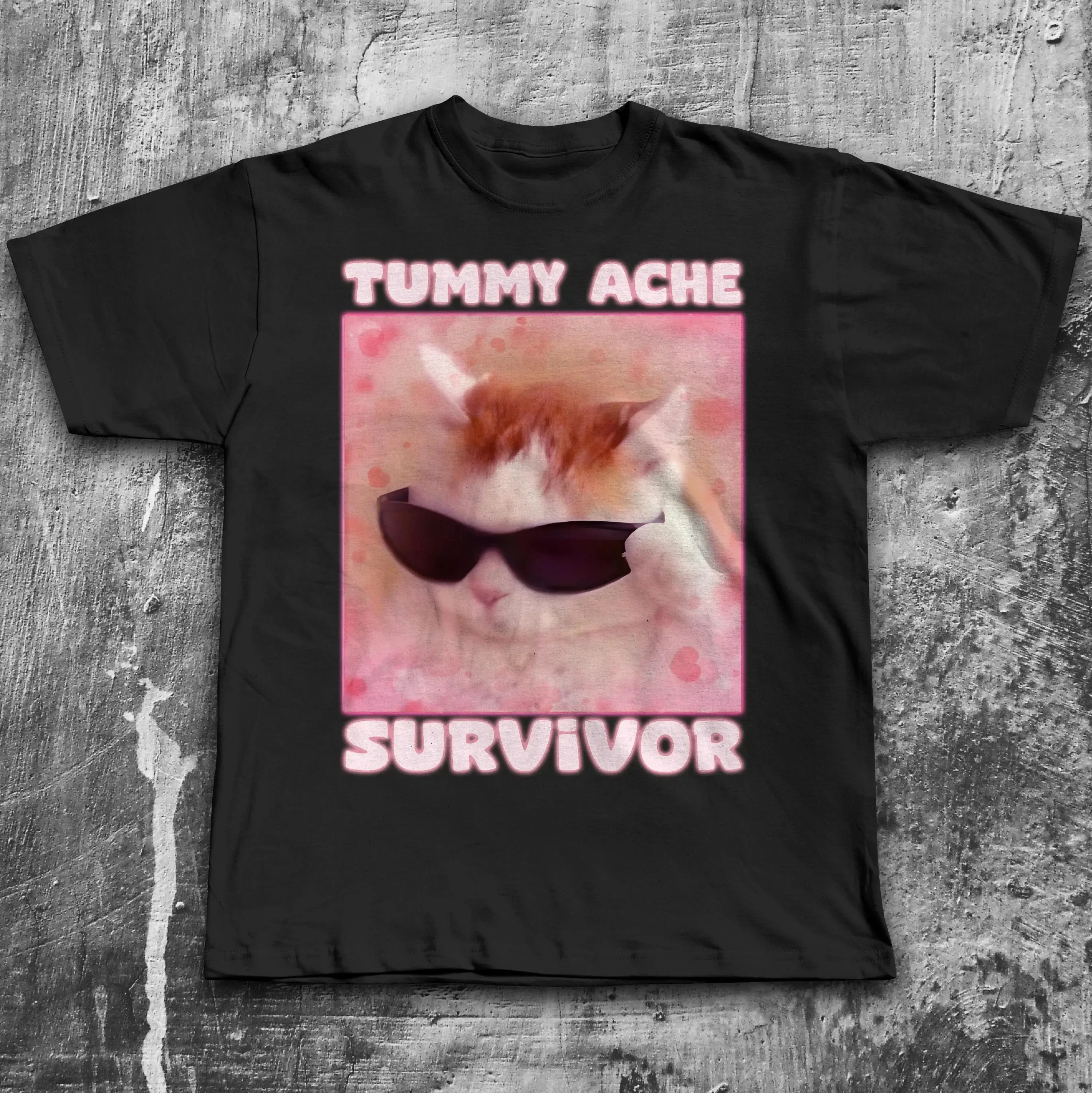 Tummy Ache Survivor Funny Cat Meme Tshirt Gift for Men Goofy Ahh Cats Tee Trendy Summer Clothes Ironic Silly Stupid Men Clothing