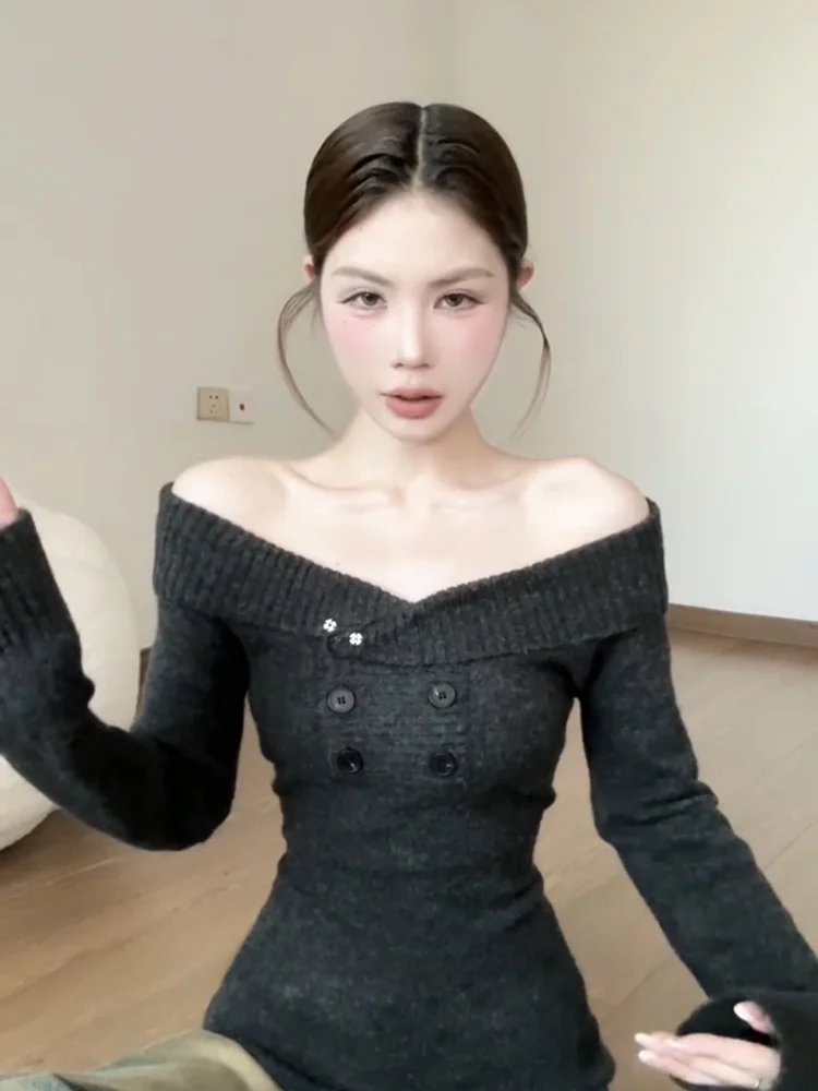 Vネック、肩出し、ロング丈、ニットセーター、レディース、レトロ、スパイシー、スリム、インナーウェア、秋トップス、若い女性向け