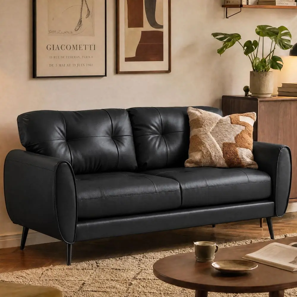 

Sofa Couch 61 Small Loveseat Couches for Living Room, Black Faux Leather Couch Mid Century Modern Tufted Mini Sofa Comfy Office