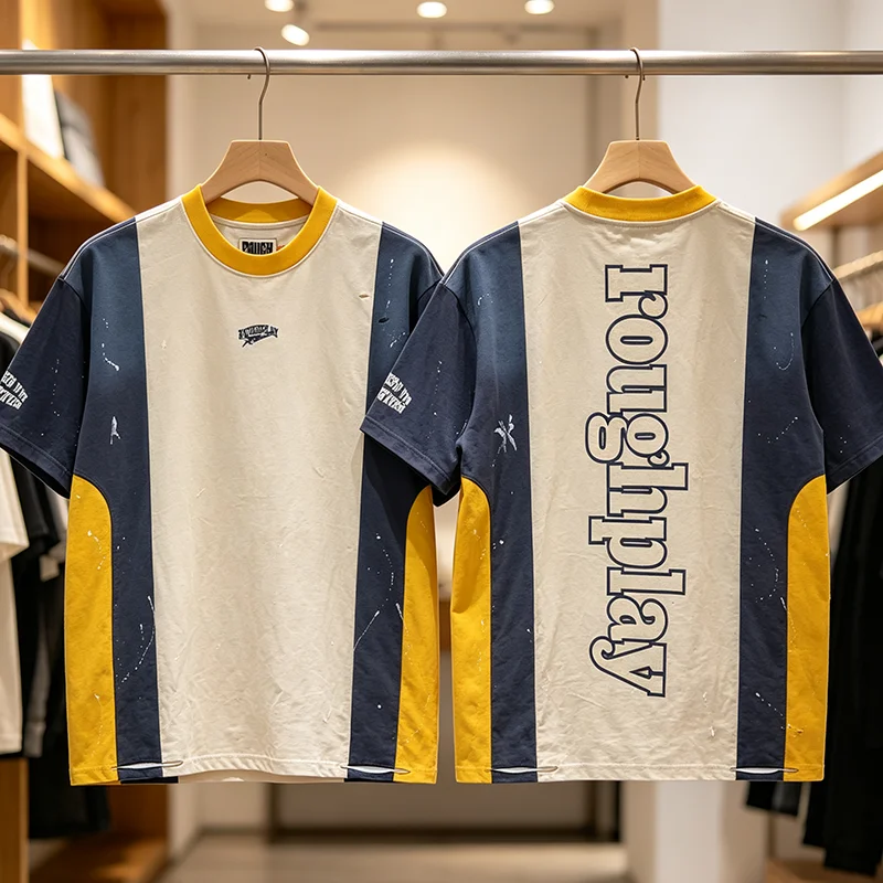 ROUGH PLAY Men Women Splicing Splatter Large Letter Print Grey‑Blue Color‑block Short Sleeve Tee
