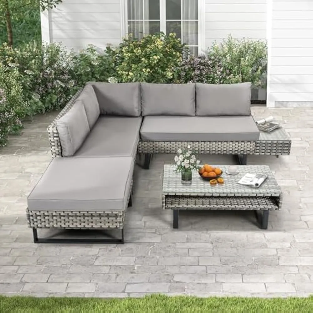 

Patio Furniture Set, All-Weather Wicker Conversation Sectional L-Shaped Sofa with Coffee Table & Cushions, Detachable Lounger