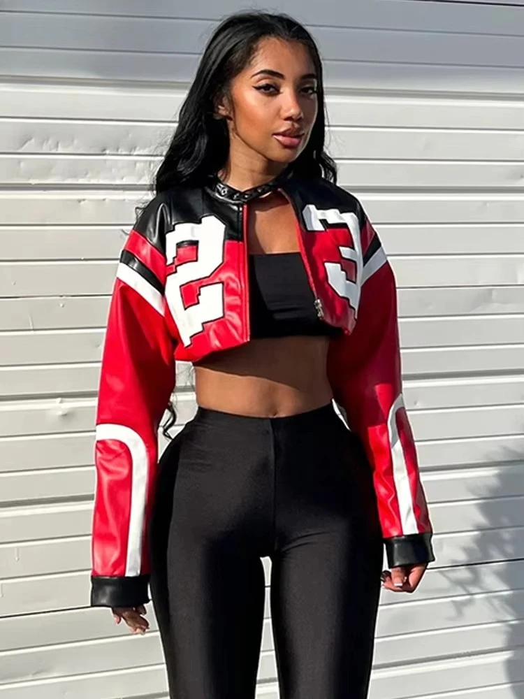 Women Hipster Letter Print Autumn Casual Sporty Wild Streetwear Uniform Trend Crop Coat Weird Puss Faux Leather Varsity Jacket