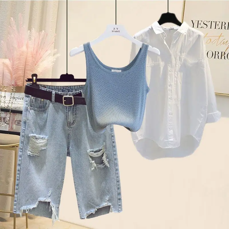 Spring and Summer Suit Women's 2023 New Western-style Shirt Tank Top Slim and Versatile Denim Shorts Three-piece Set