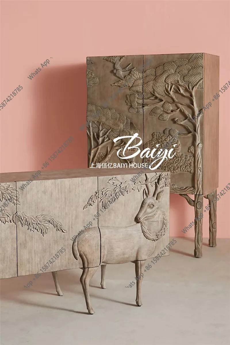 

I wine cabinet integrated wall ,French vintage style solid wood carved sideboard, art display cabinet, American countryside