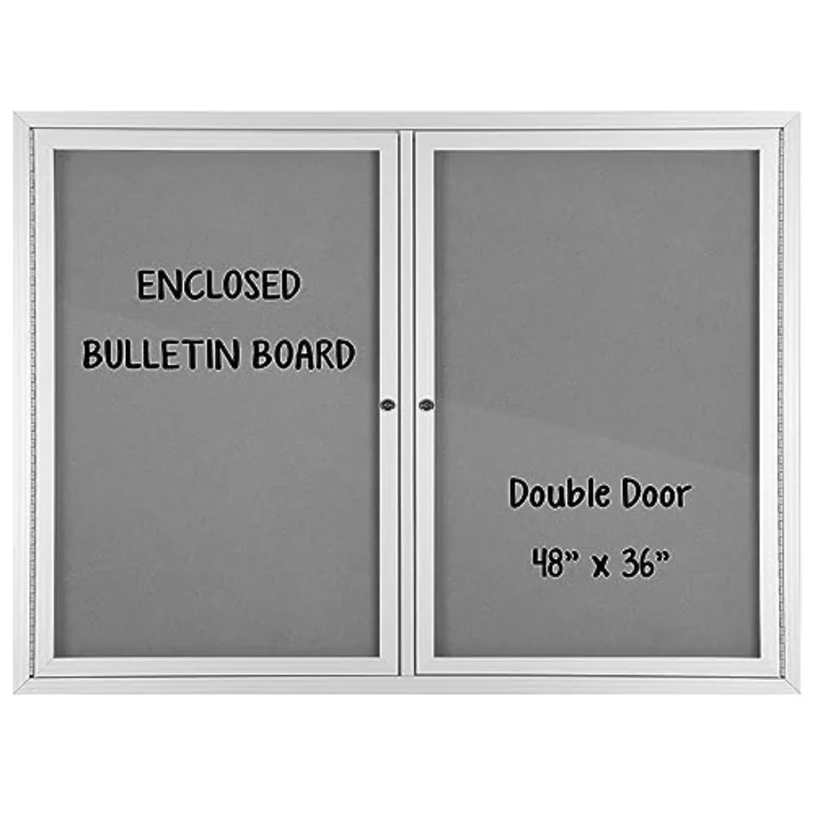 

Запираемая тканевая доска для объявлений 48 x 36 дюймов с алюминиевой рамой, настенный демонстрационный шкаф с 2 распашными дверцами, серый