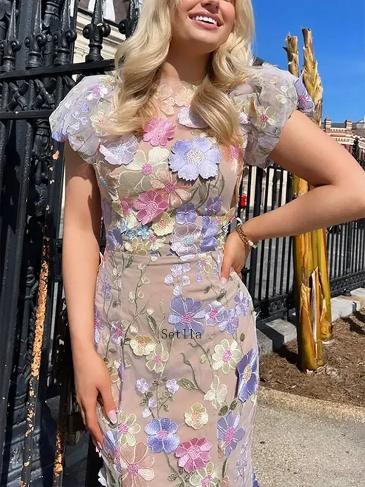 

Fashion Flower Embroidered Print Dress Women Elegant O Neck Puff Sleeve High Waist Dresses 2024 Spring New Female Party Robes