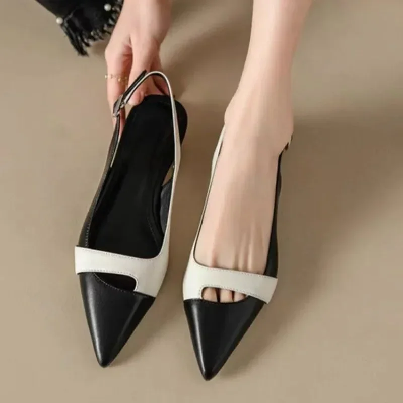 Summer New Fashionable Pointed Leather Face Color Block Light Mouth Women's Comfortable Sandals for External Wearing