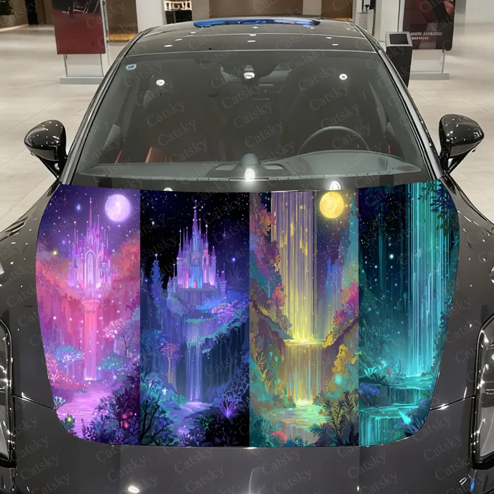 

Castles, Waterfalls and Four-Season Wonders Car Vinyl Wrap, PVC Material Waterproof Car Hood Sticker, Self-Adhesive Scratch-Resi