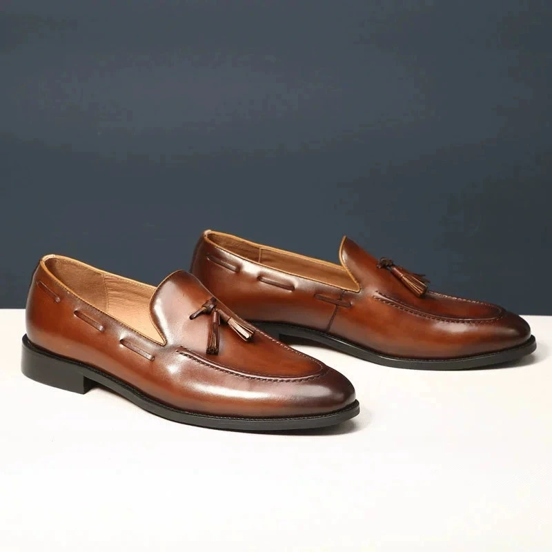 Italian Style Men's Loafers Tassel Genuine Cow Leather Comfortable Slip on Wedding Party Office Dress Shoes for Men Casual Shoes