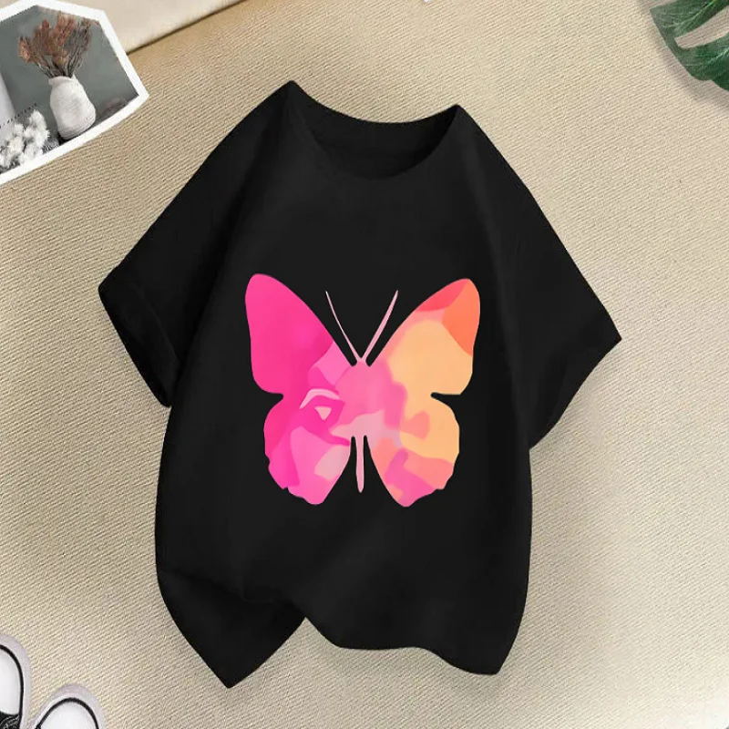 Boys Girls Gradient Pink Orange Butterfly Print T‑Shirt Short Sleeve O‑Neck Casual Loose Kids Fashion Daily Tees Tops
