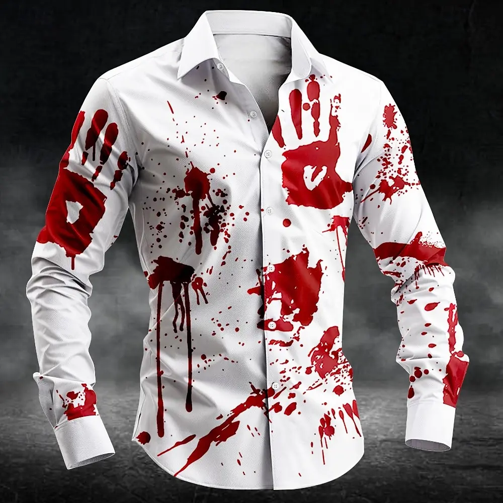

Men's Red Blood Palm Graphic Creative Shirts 3D Printed Horror Pattern White Long Sleeve Shirt Loose Lapel Button Halloween Tops