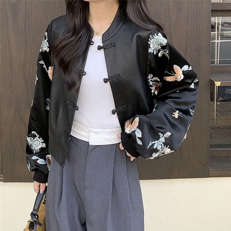 

Advanced Embroidery Patchwork PU Leather Jacket Women Spring Autumn Chinese Style Stand Collor Black Soft Faux Leather Coat