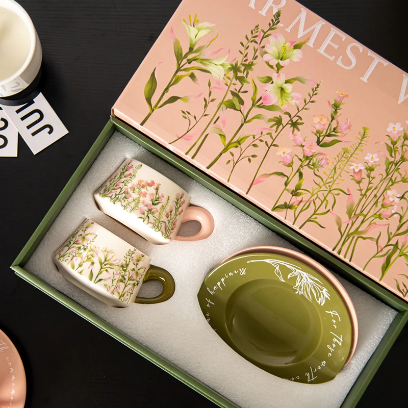 Ceramic cup and saucer set with gift box Ins design ceramic coffee tea set 250ml