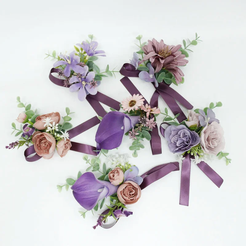 Roxo flores artificiais rosas boutonniere pulso corsage pulseira de dama de honra homem testemunha acessórios de casamento