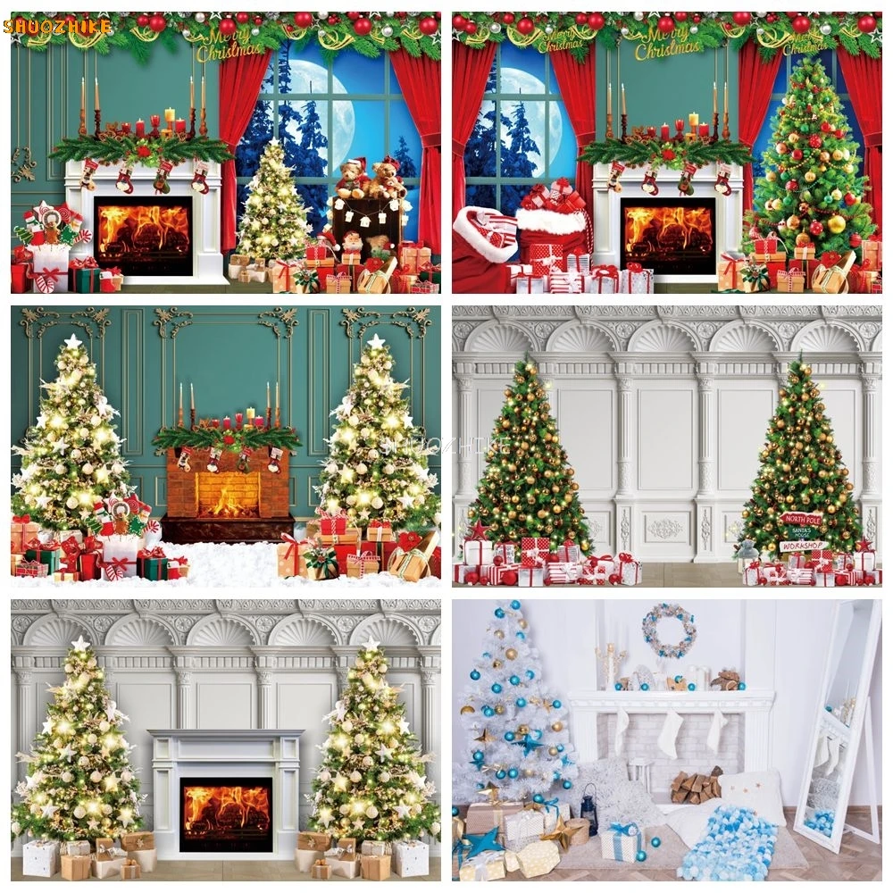 

Christmas Backdrop Vintage Wall Xmas Tree Gifts Interior Kids Family Christmas Party Portrait Photography Background Decor Prop