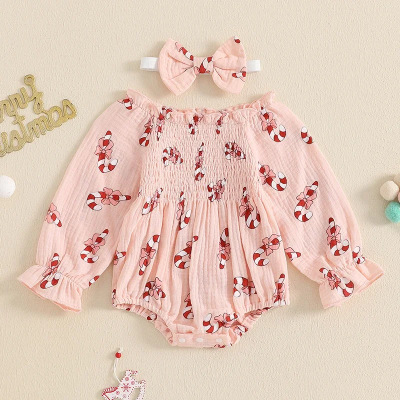 Baby Clothing Girls Christmas Romper Candy Print Long Puff Sleeve Smocked Jumpsuits Bow Headband Newborn Clothes Outfits