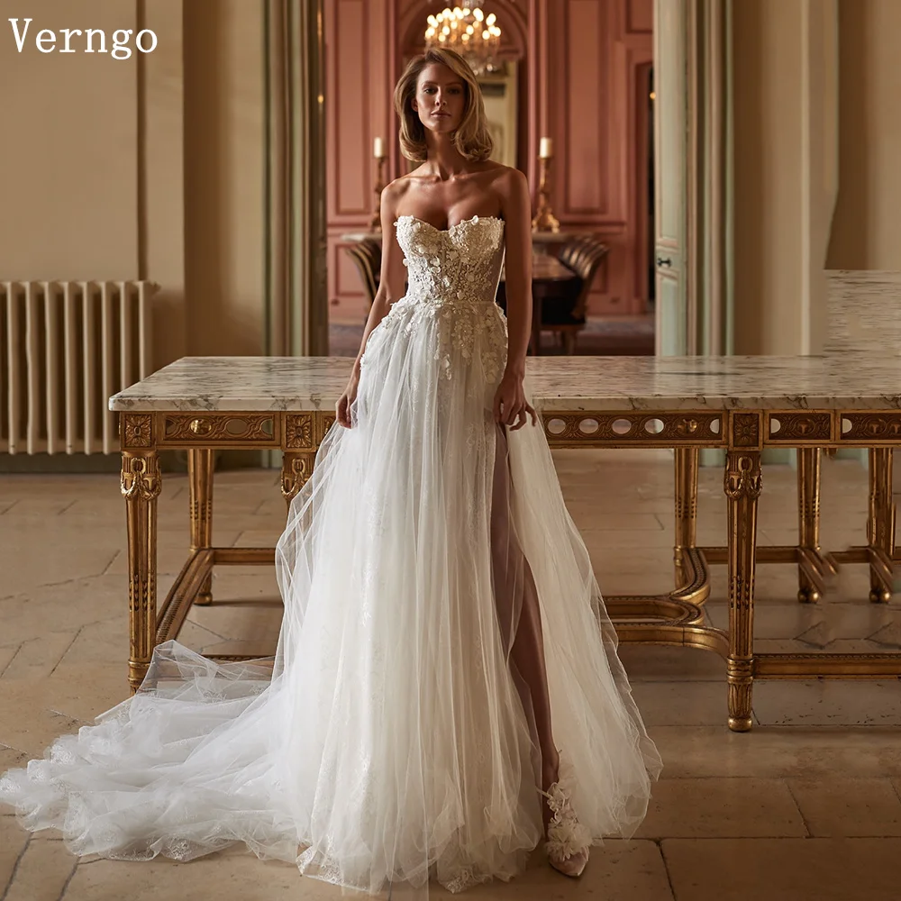 

Verngo lvory Lace Appliques Bridal Gowns Side Slit Sexy Wedding Dress A Line Sweap Train Bride Dress Customized