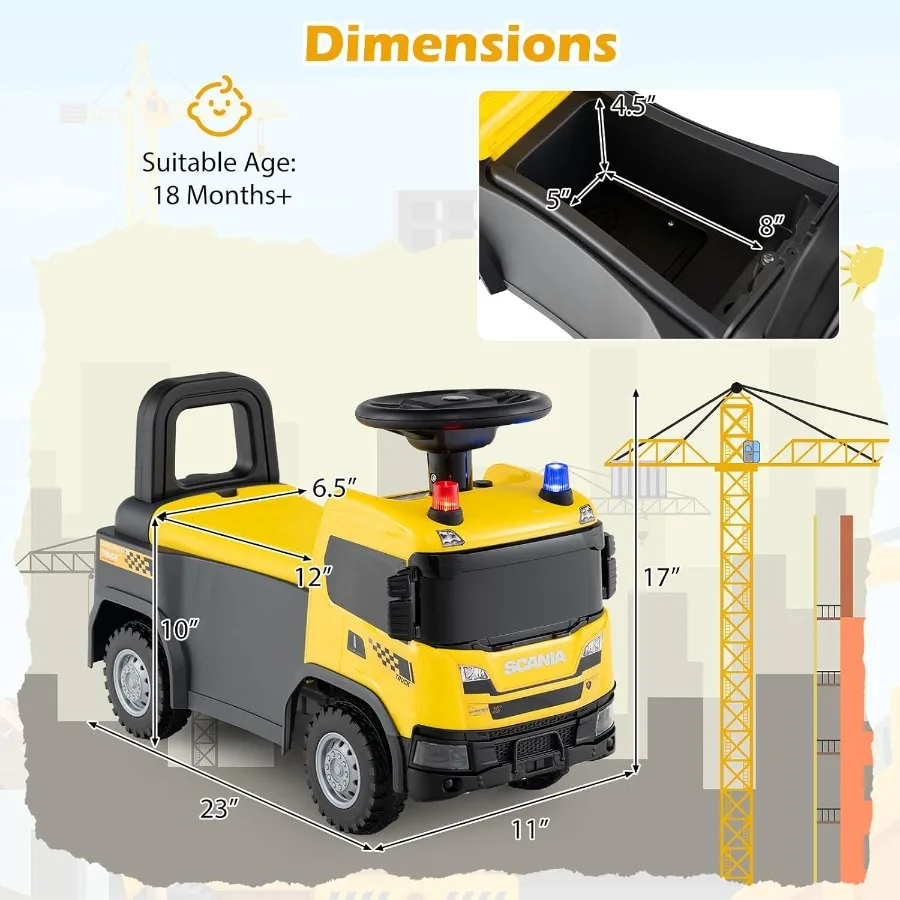 ركوب على سيارة الدفع المرخصة على مركبة بناء سكانيا للأطفال الصغار مع أضواء الموسيقى القرن تحت مقعد تخزين منزلق من القدم إلى الأرض