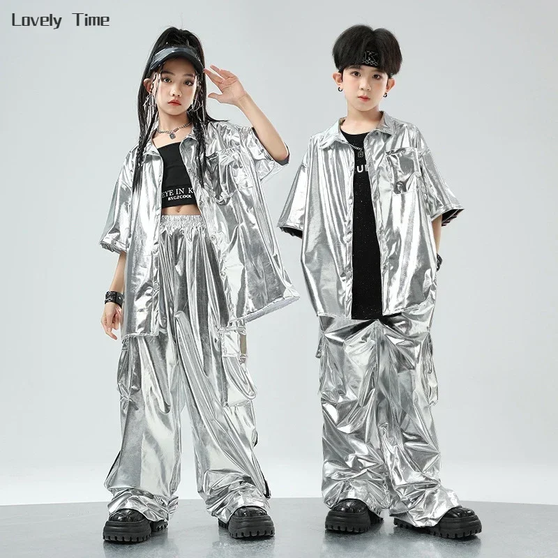 Boys Hip Hop Silver Jacket Street Dance Cargo Pants Girls Sequin Cool Streetwear Kids Jazz Clothes Sets Children Shiny Costumes