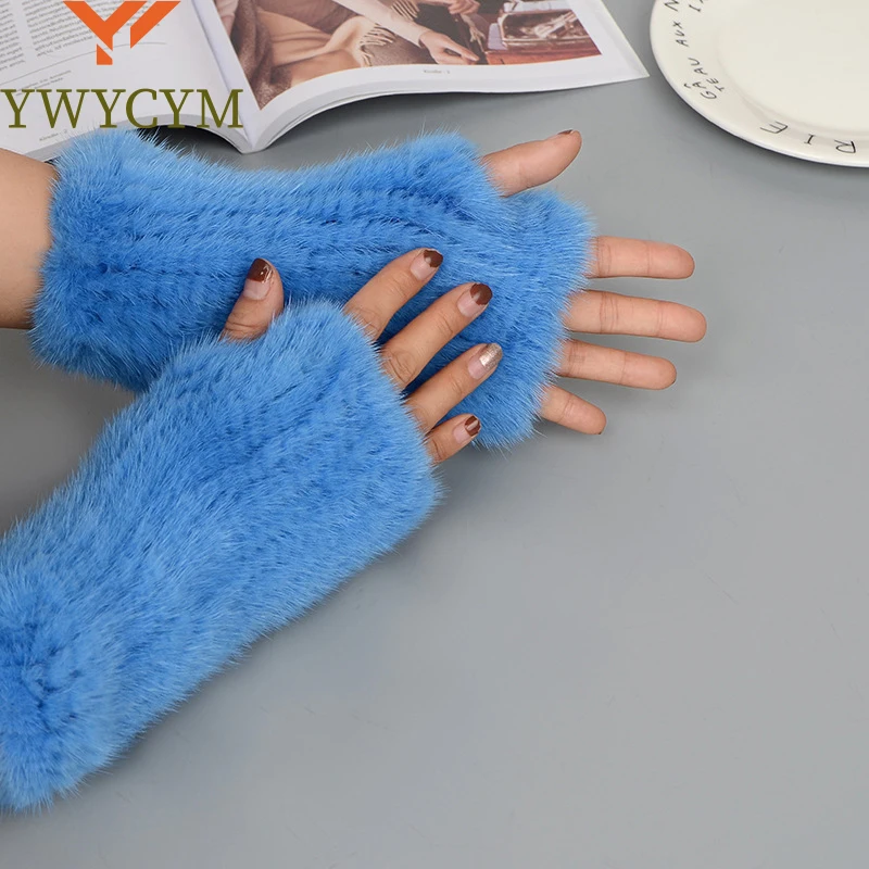 2024 New Brand Style Top Quality Women's 100% Winter Warm Real Mink Fur Knitted Half Finger Gloves Girls Typing Mittens