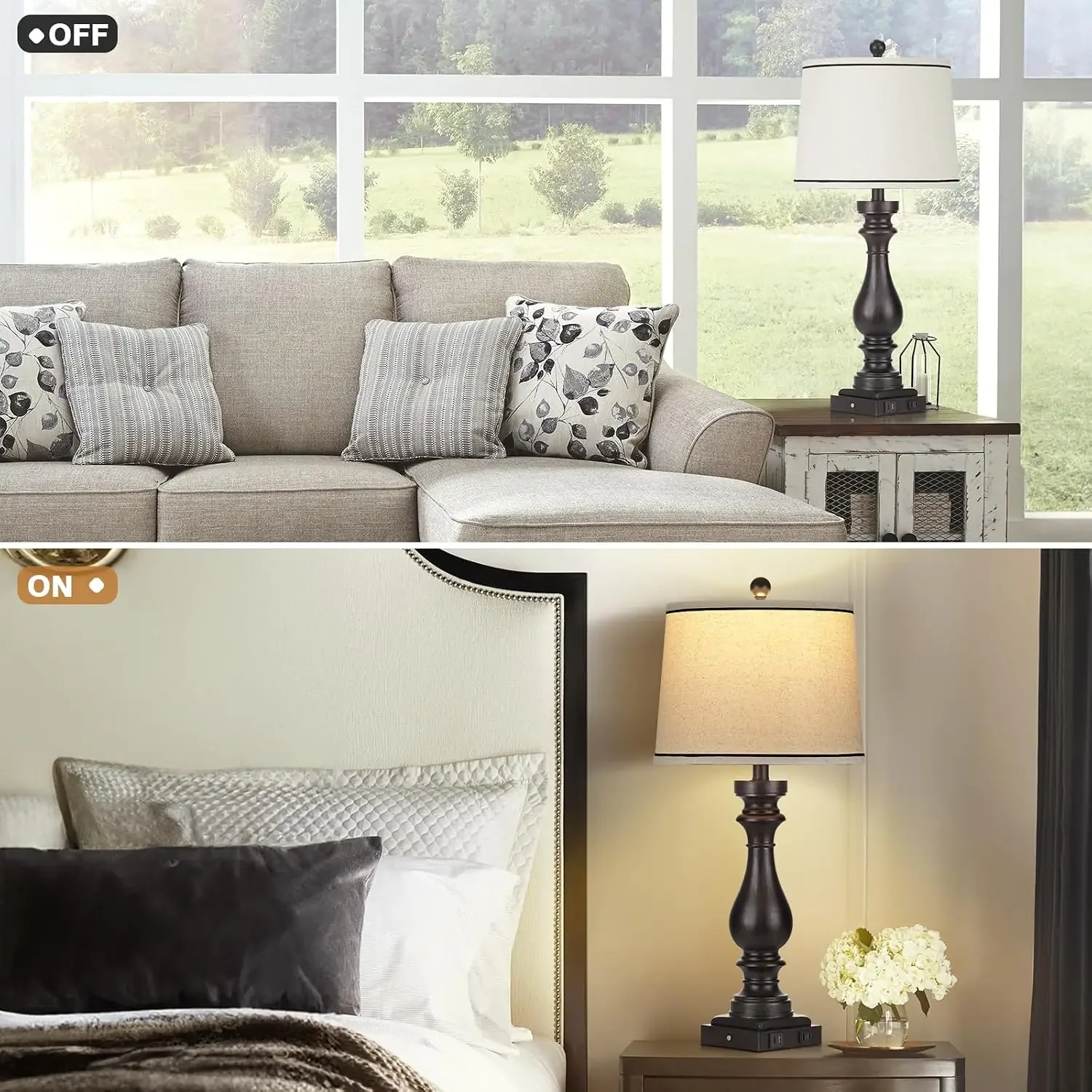 Vintage 29" Farmhouse Table Lamp with USB-C & AC Outlet, 3-Way Touch Dimmable, Retro Bedside Nightstand Light, Black view 6