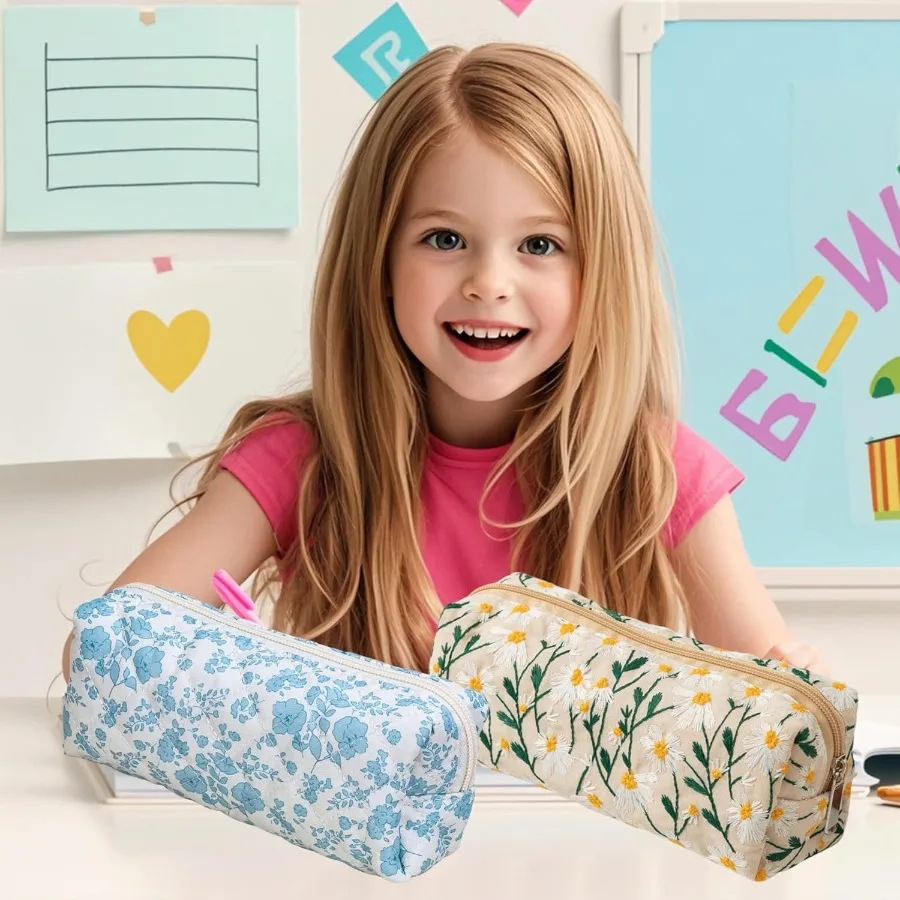 حقيبة أقلام رصاص جمالية لطيفة مع سحاب للفتيات - لوازم مدرسية بتصميم زهور الأقحوان وحقيبة مكياج مثالية للفصول الدراسية #6