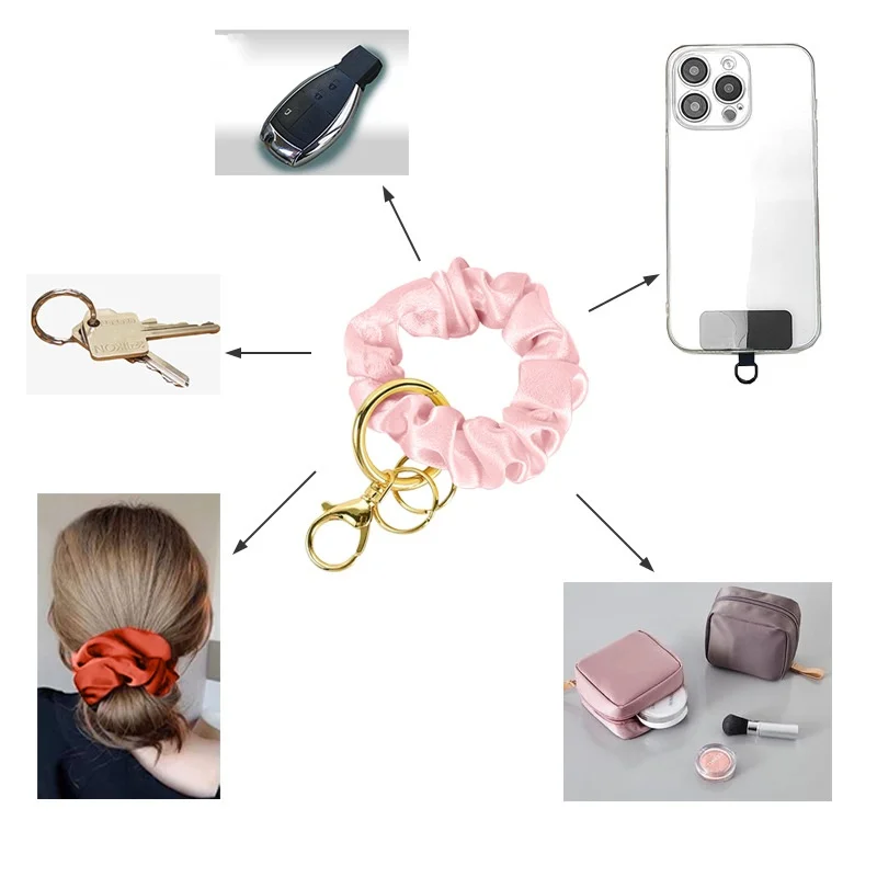 Scrunchie Keychain Wristlet Stretchy Key Chain Wrist Lanyard Strap Bracelet for Women Teacher Silk Pleated Headband Keychain