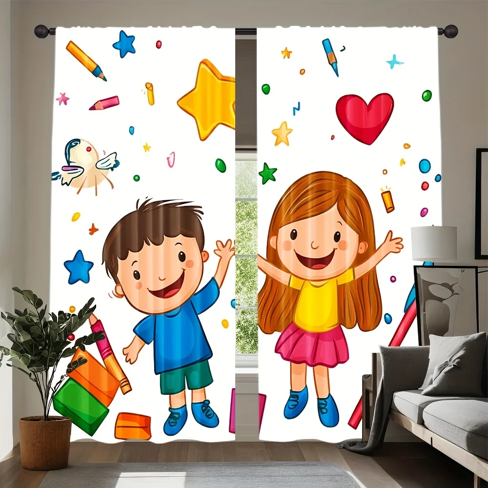 cheerful kids cartoon window curtain with happy boy girl stars and crayons for children room decor joyful style easy to care for