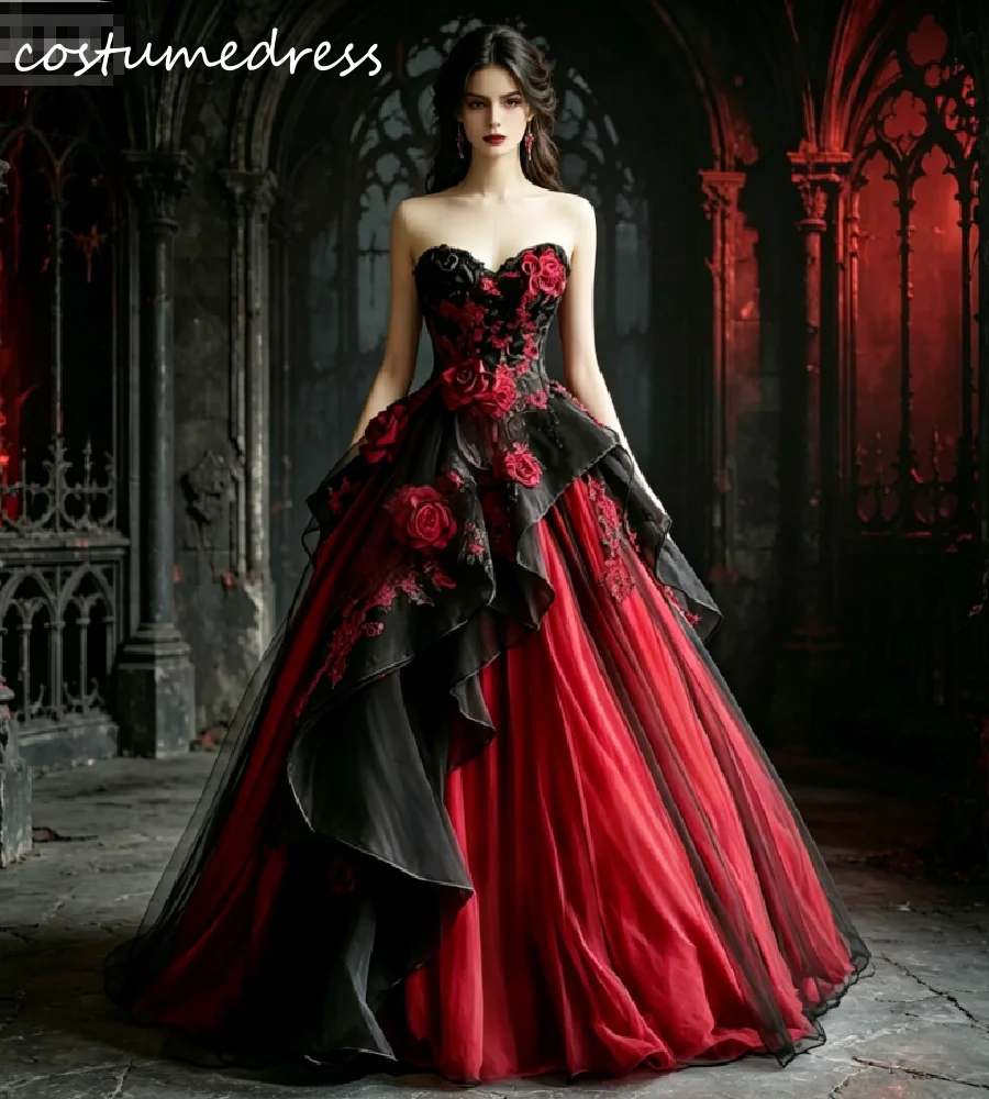 Enchanted Black Red Gothic Wedding Dress 2026 Vintage Vampire 3D Florals Civil Bridal Gowns Lace Halloween Romantic A Line Tulle