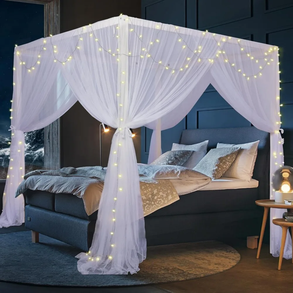 White Bed Canopy Curtains for Queen/King Beds, 4 Corner Design with Ripstop Polyester, Easy Installation