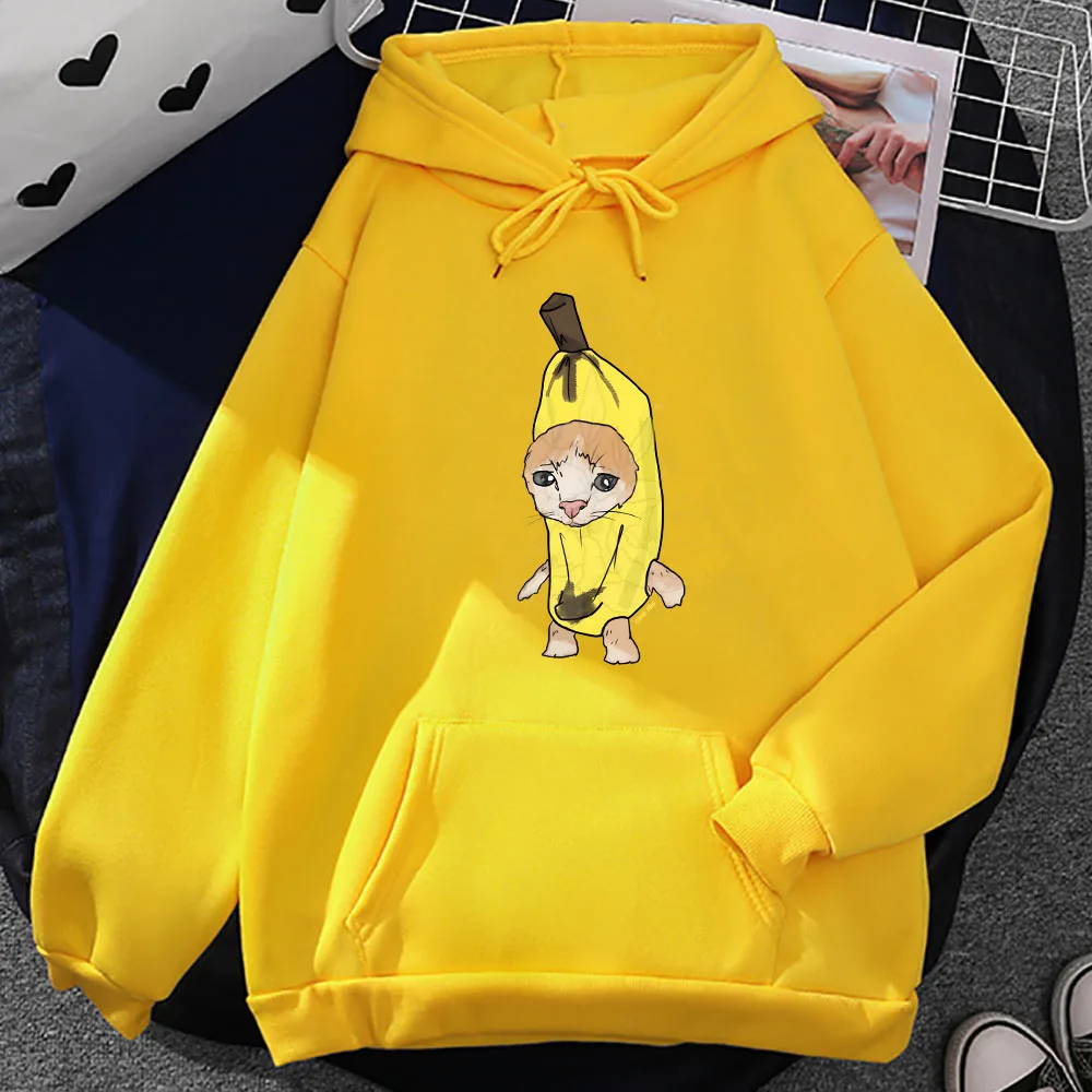 Banana Cat Cute Cartoon Plus Velluto Kanye Felpe da uomo in pile oversize con cappuccio Pullover unisex Abiti Harajuku