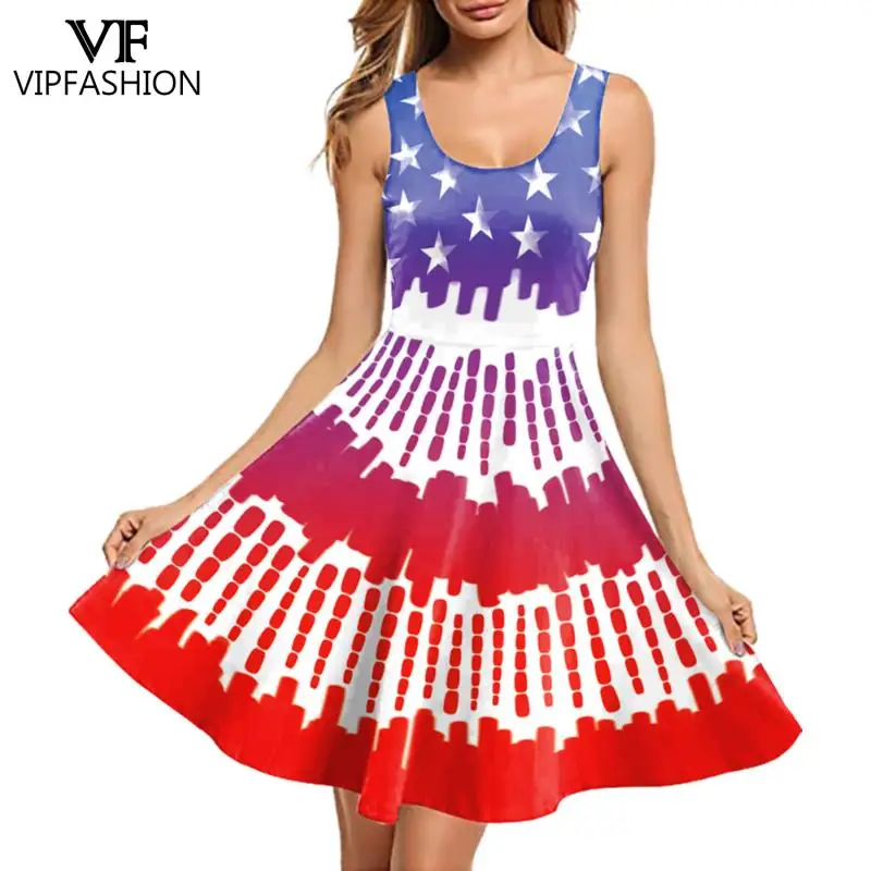 VIP FASHION Women Sexy Dress Independence Day Dresses Holiday Party Cosplay Costume Summer Casual Sleeveless Dress Girl Clothing