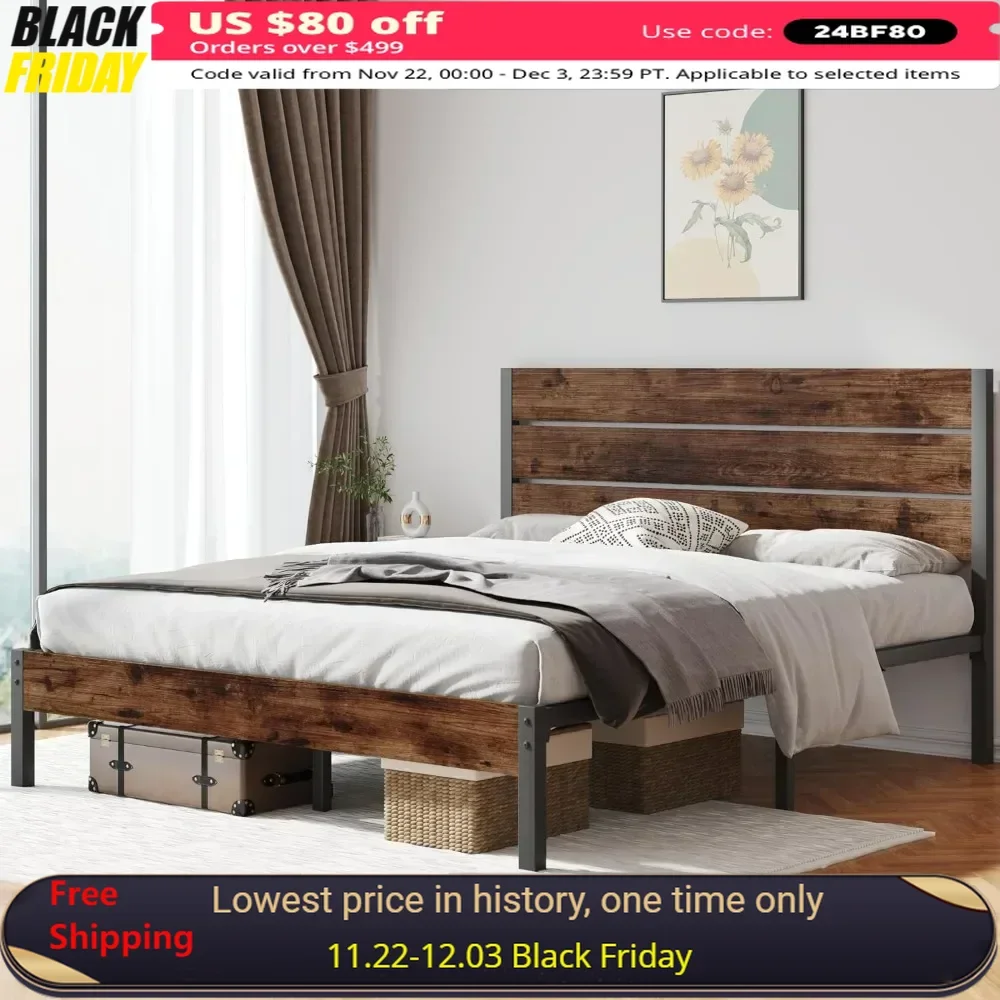 

Rustic Bed Frame with Headboard and Footboard, with Under Bed Storage, All-Metal Support System, Easy Assembly,Queen Bed Frame