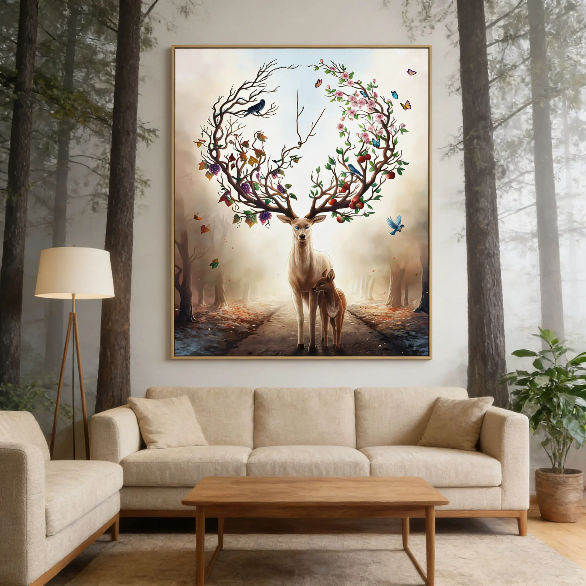 Verspielter Vier-Jahreszeiten-Hirsch-Fantasie-Wanddruck – Verzauberte Waldkunst für den Eingangsbereich, ruhige Wohnzimmerwanddekoration