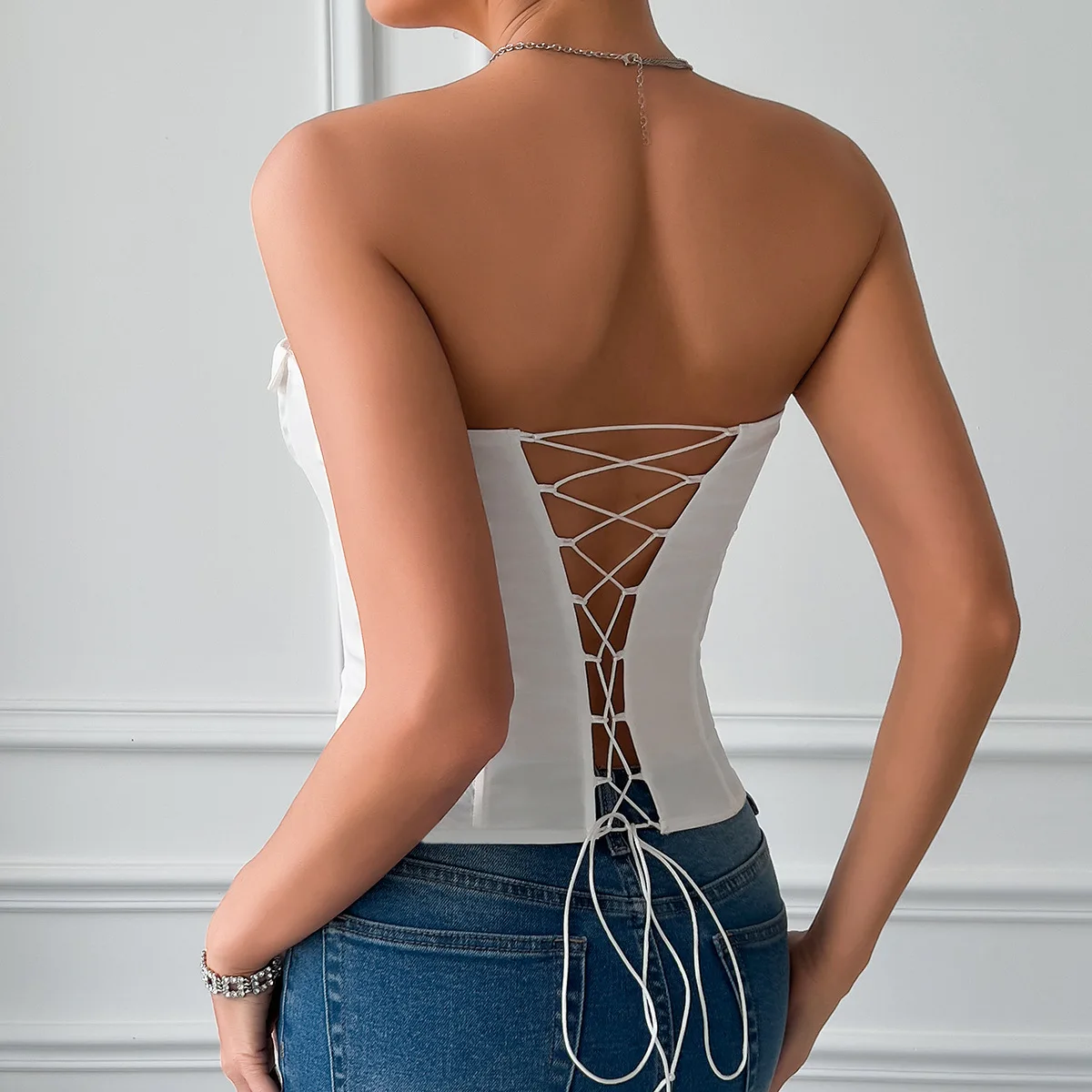 Low-cut Business Style Tube Top Women Off Shoulder Lace Up Sleeveless Corset Top Summer Sexys  Tank Top Bustier Top Woman Blouse