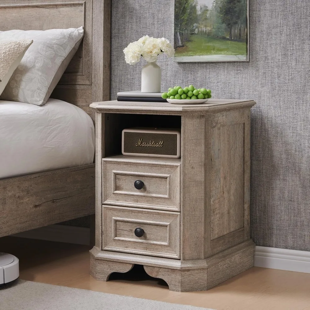 Charging Station Farmhouse Nightstand, 18-inch Drawer End Table, Wooden Bedside Table, Large Bedroom Cabinet