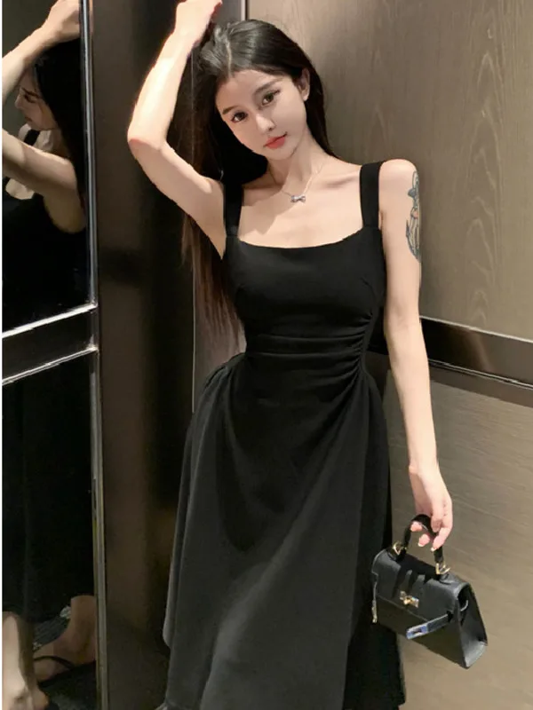 Gentle style square neck strap solid color dress summer women's French slim fit high waisted temperament knee length skirt GM8V