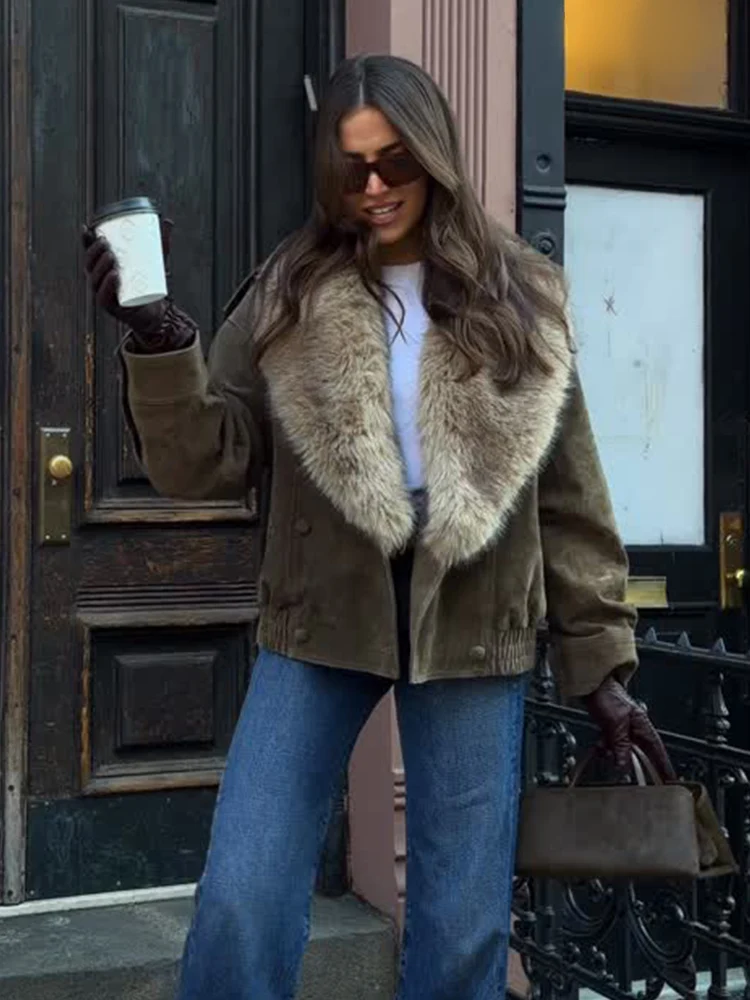 

HH Woman Long Sleeves Artificial Fur Lapel Decoration Double Breasted Coat Female Casual Suede Texture Pocket Slim Winter Coat