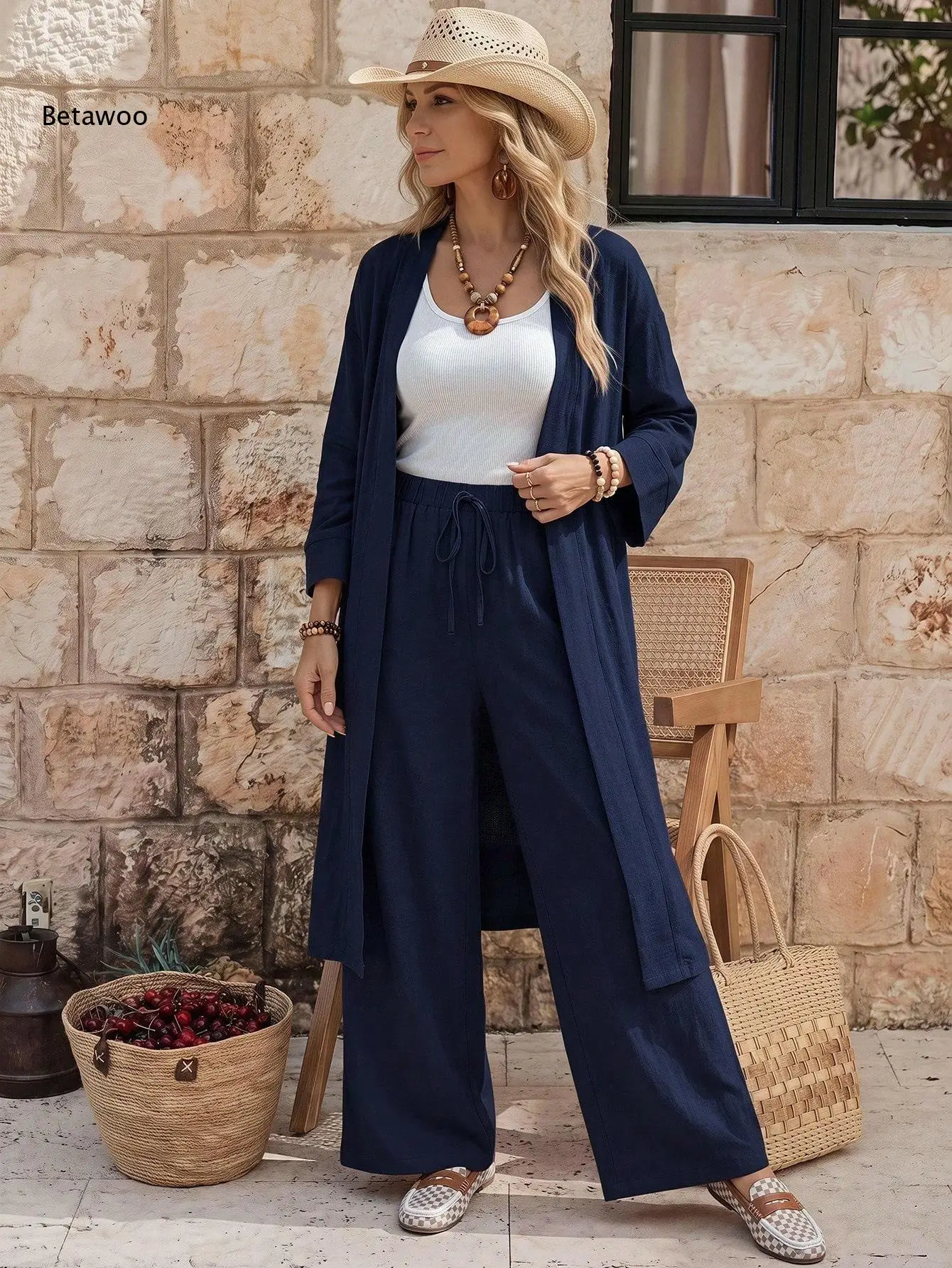Women Two Piece Outfit Long Open Front Cardigan and Elastic Waist Wide Leg Pants Set Loose Casual Suit for Vacation Daily Wear view 2