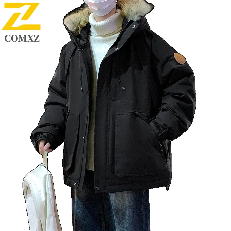 COMXZ Warm Puffer Jacket Fur Collar Lightweight Multi-Pocket Travel Winter Jacket Commuting Handsome Quilted Jacket Men Clothing