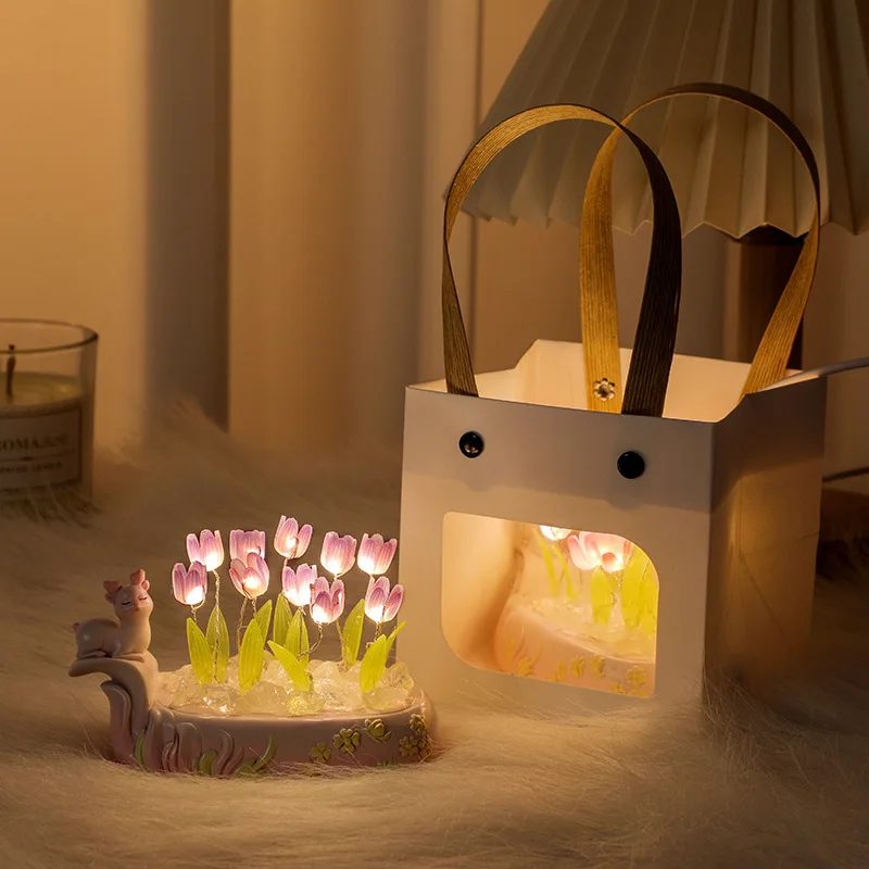 Luz nocturna de tulipán de ciervo para niña, decoración de escritorio para sala de estar, regalo de cumpleaños hecho a mano, regalo de vacaciones DIY (10 flores), 2024