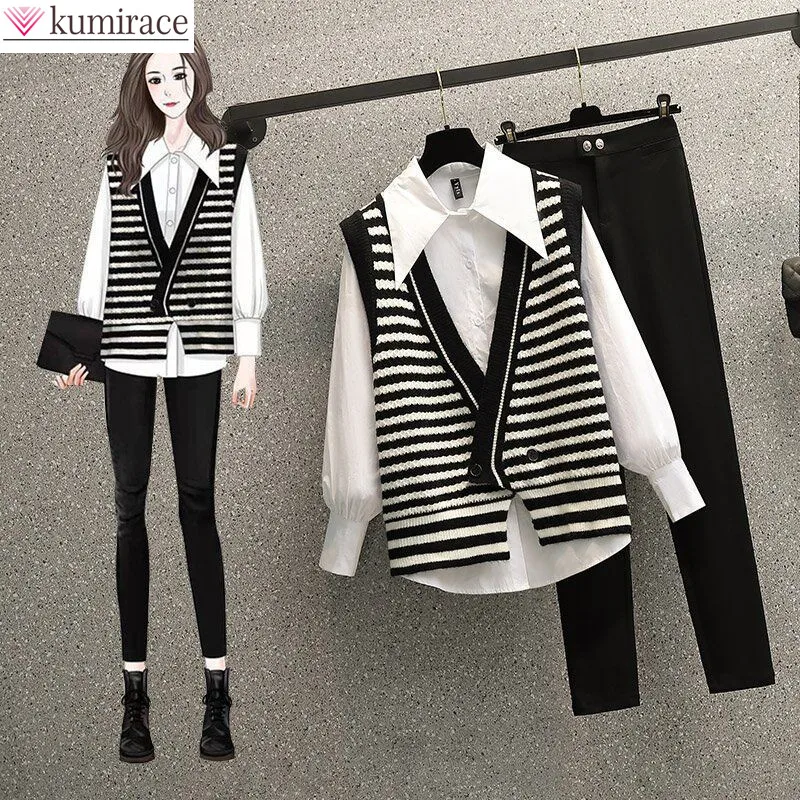 2022 Black White Striped Pants Set Casual Vest Shirt Teousers Three Piece Set Elegant Women\'s Tracksuit Female Clothing